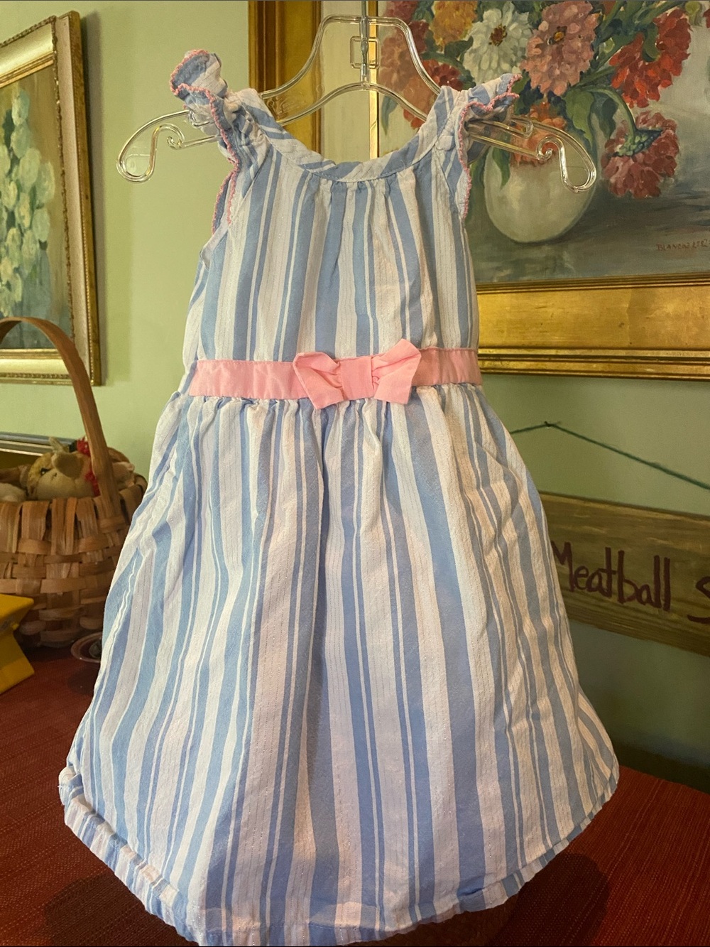 Penelope Mack blue & white striped toddler dress featuring a pink bow - SZ 2T - Picture 10 of 10